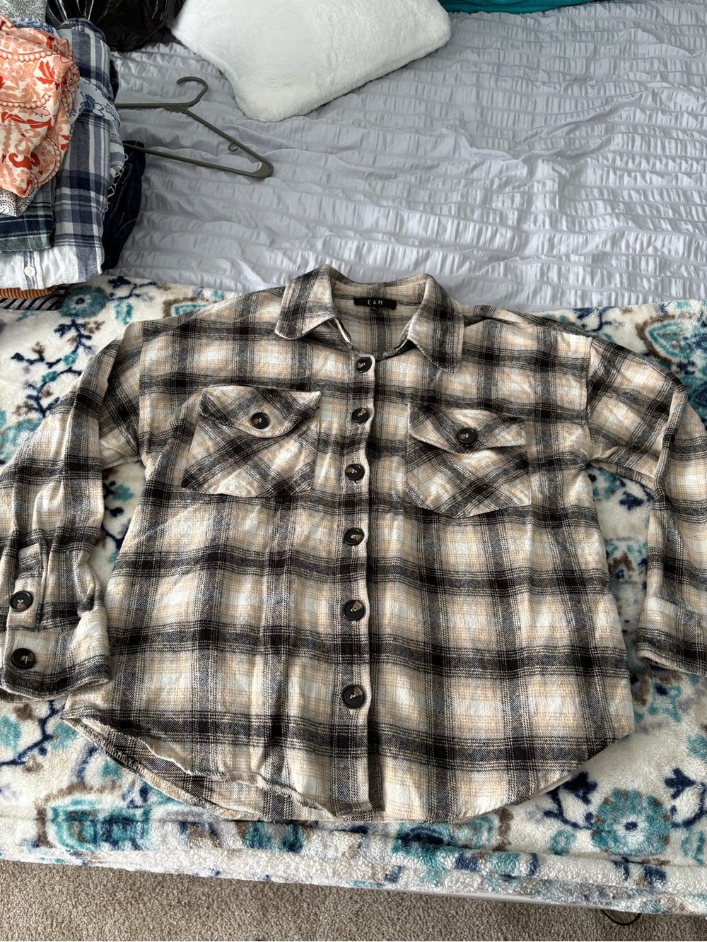 Plaid Button-Down Shirt Jacket in Black and Cream